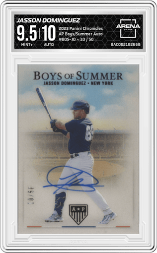 Jasson Dominguez from the 2023 Panini Chronicles set graded by Arena Club and given an overall grade of 9.5.