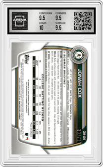 Jonah Cox  from the 2023 Bowman Draft set featuring a Sparkle Refractor parallel graded by Arena Club and given an overall grade of 10.