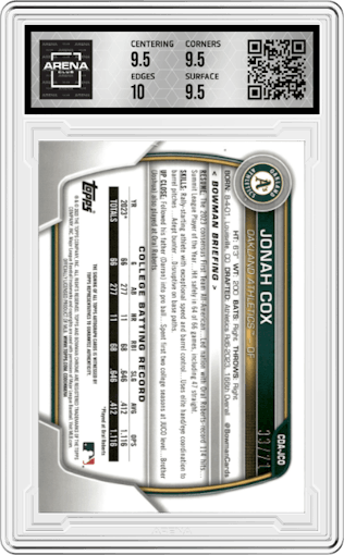 Jonah Cox  from the 2023 Bowman Draft set featuring a Sparkle Refractor parallel graded by Arena Club and given an overall grade of 10.