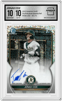 Jonah Cox  from the 2023 Bowman Draft set featuring a Sparkle Refractor parallel graded by Arena Club and given an overall grade of 10.