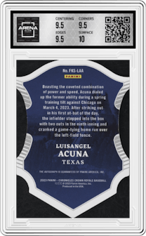 Luisangel Acuna from the 2023 Panini Chronicles set featuring a Holo Silver parallel graded by Arena Club and given an overall grade of 10.