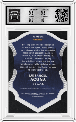 Luisangel Acuna from the 2023 Panini Chronicles set featuring a Holo Silver parallel graded by Arena Club and given an overall grade of 10.