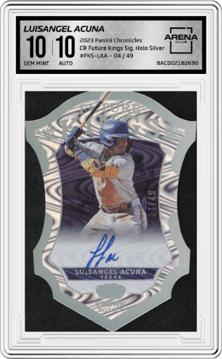 Luisangel Acuna from the 2023 Panini Chronicles set featuring a Holo Silver parallel graded by Arena Club and given an overall grade of 10.