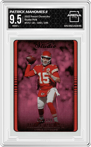 Patrick Mahomes II  from the 2022 Panini Chronicles set featuring a Pink parallel graded by Arena Club and given an overall grade of 9.5.