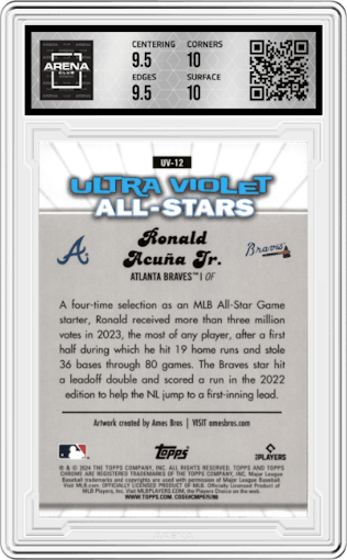 Ronald Acuna Jr. from the 2024 Topps Chrome set graded by Arena Club and given an overall grade of 10.