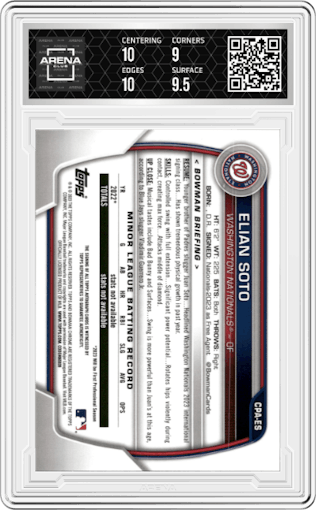 Elian Soto from the 2023 Bowman Chrome set featuring a Purple Refractor parallel graded by Arena Club and given an overall grade of 9.5.