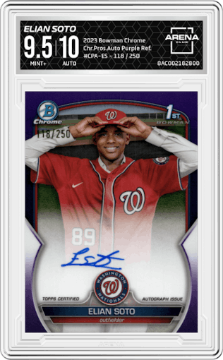 Elian Soto from the 2023 Bowman Chrome set featuring a Purple Refractor parallel graded by Arena Club and given an overall grade of 9.5.