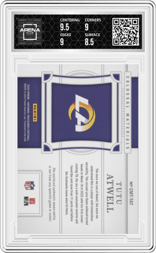 Tutu Atwell from the 2022 Panini National Treasures set graded by Arena Club and given an overall grade of 9.
