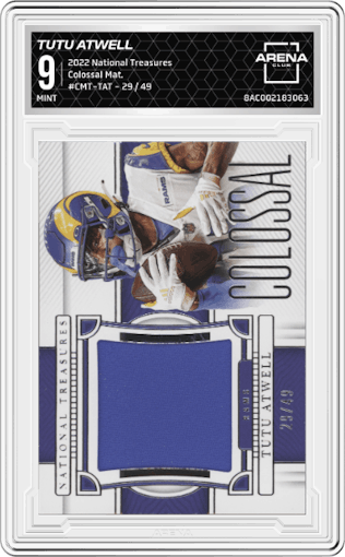 Tutu Atwell from the 2022 Panini National Treasures set graded by Arena Club and given an overall grade of 9.
