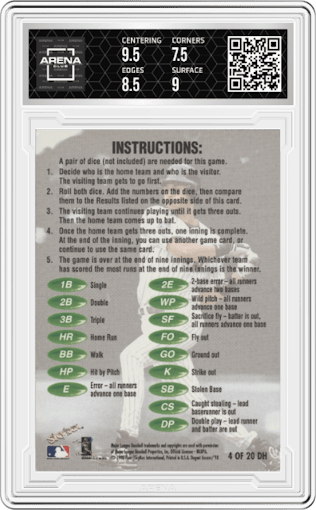 Derek Jeter from the 1998 SkyBox Dugout Axcess set graded by Arena Club and given an overall grade of 8.