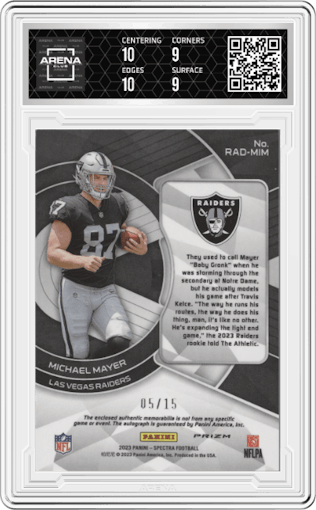 Michael Mayer from the 2023 Panini Spectra set featuring a Neon Orange parallel graded by Arena Club and given an overall grade of 9.5.