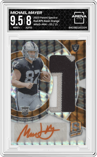 Michael Mayer from the 2023 Panini Spectra set featuring a Neon Orange parallel graded by Arena Club and given an overall grade of 9.5.