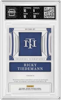 Ricky Tiedemann from the 2023 Panini National Treasures set featuring a Holo Gold parallel graded by Arena Club and given an overall grade of 9.5.