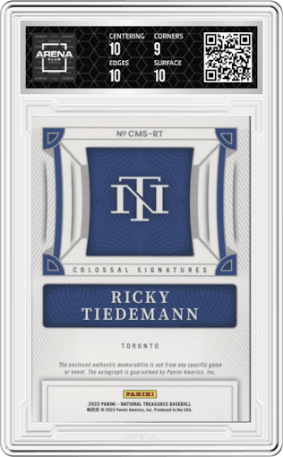 Ricky Tiedemann from the 2023 Panini National Treasures set featuring a Holo Gold parallel graded by Arena Club and given an overall grade of 9.5.