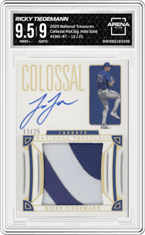Ricky Tiedemann from the 2023 Panini National Treasures set featuring a Holo Gold parallel graded by Arena Club and given an overall grade of 9.5.