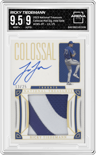 Ricky Tiedemann from the 2023 Panini National Treasures set featuring a Holo Gold parallel graded by Arena Club and given an overall grade of 9.5.
