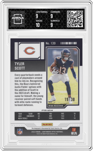 Tyler Scott from the 2023 Panini Contenders Optic set featuring a Green Pulsar parallel graded by Arena Club and given an overall grade of 9.5.