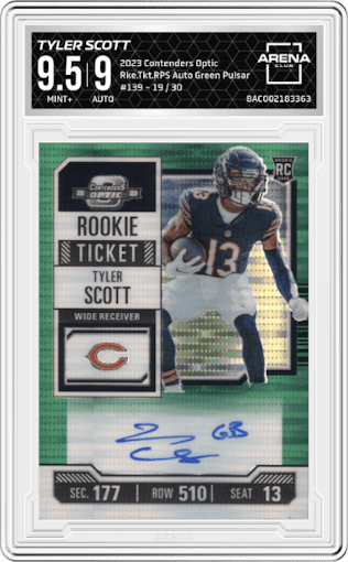 Tyler Scott from the 2023 Panini Contenders Optic set featuring a Green Pulsar parallel graded by Arena Club and given an overall grade of 9.5.