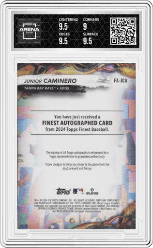 Junior Caminero from the 2024 Topps Finest set featuring a Green Refractor parallel graded by Arena Club and given an overall grade of 9.5.