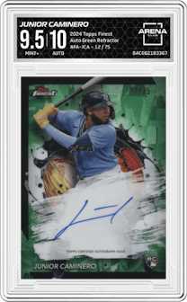 Junior Caminero from the 2024 Topps Finest set featuring a Green Refractor parallel graded by Arena Club and given an overall grade of 9.5.