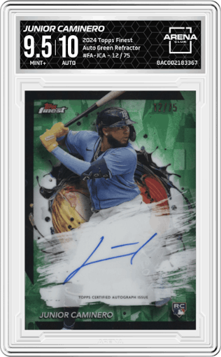 Junior Caminero from the 2024 Topps Finest set featuring a Green Refractor parallel graded by Arena Club and given an overall grade of 9.5.