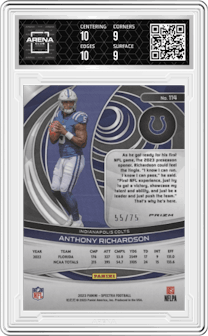Anthony Richardson from the 2023 Panini Spectra set featuring a Hyper parallel graded by Arena Club and given an overall grade of 9.5.