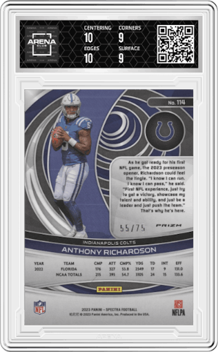 Anthony Richardson from the 2023 Panini Spectra set featuring a Hyper parallel graded by Arena Club and given an overall grade of 9.5.