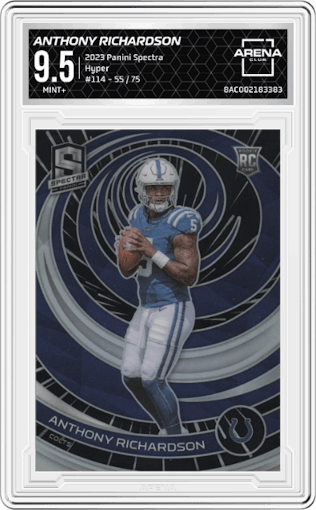 Anthony Richardson from the 2023 Panini Spectra set featuring a Hyper parallel graded by Arena Club and given an overall grade of 9.5.