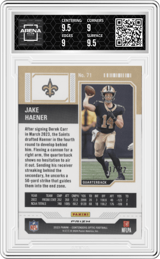 Jake Haener from the 2023 Panini Contenders Optic set featuring a Cracked Ice parallel graded by Arena Club and given an overall grade of 9.5.