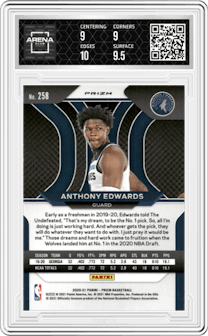 Anthony Edwards from the 2020-21 Panini Prizm set featuring a Red Ice parallel graded by Arena Club and given an overall grade of 9.5.