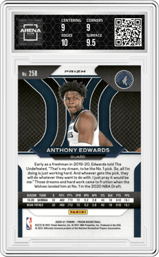 Anthony Edwards from the 2020-21 Panini Prizm set featuring a Red Ice parallel graded by Arena Club and given an overall grade of 9.5.