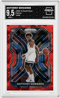 Anthony Edwards from the 2020-21 Panini Prizm set featuring a Red Ice parallel graded by Arena Club and given an overall grade of 9.5.