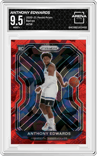 Anthony Edwards from the 2020-21 Panini Prizm set featuring a Red Ice parallel graded by Arena Club and given an overall grade of 9.5.
