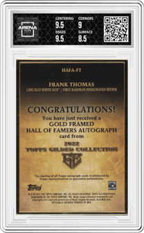Frank Thomas from the 2022 Topps Gilded Collection set featuring a Emerald parallel graded by Arena Club and given an overall grade of 9.