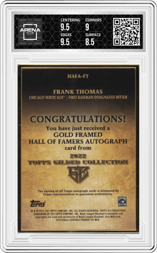 Frank Thomas from the 2022 Topps Gilded Collection set featuring a Emerald parallel graded by Arena Club and given an overall grade of 9.
