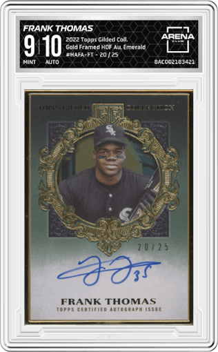 Frank Thomas from the 2022 Topps Gilded Collection set featuring a Emerald parallel graded by Arena Club and given an overall grade of 9.