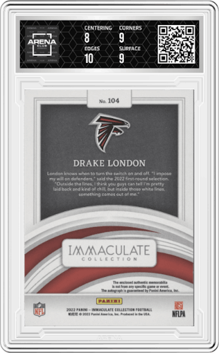 Drake London from the 2022 Panini Immaculate Collection set graded by Arena Club and given an overall grade of 8.5.