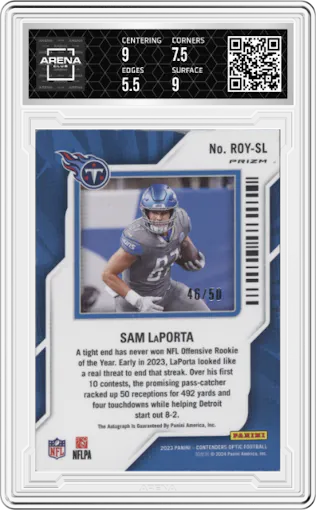 Sam LaPorta from the 2023 Panini Contenders Optic set featuring a Orange parallel graded by Arena Club and given an overall grade of 6.