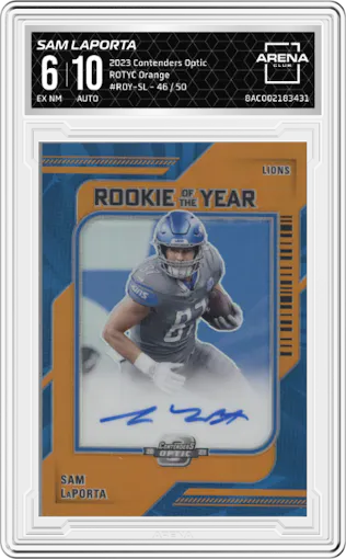 Sam LaPorta from the 2023 Panini Contenders Optic set featuring a Orange parallel graded by Arena Club and given an overall grade of 6.