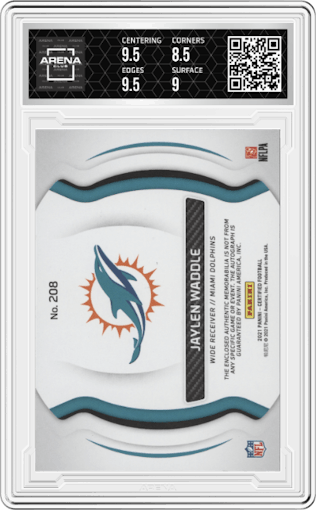 Jaylen Waddle from the 2021 Panini Certified set featuring a Mirror Teal parallel graded by Arena Club and given an overall grade of 9.