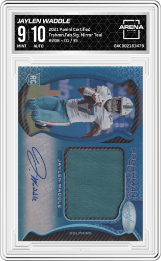 Jaylen Waddle from the 2021 Panini Certified set featuring a Mirror Teal parallel graded by Arena Club and given an overall grade of 9.