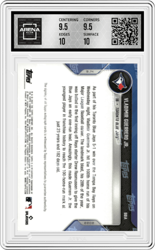 Vladimir Guerrero Jr. from the 2022 Topps Now set graded by Arena Club and given an overall grade of 10.