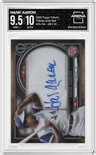 Hank Aaron from the 2020 Topps Tribute set featuring a Red parallel graded by Arena Club and given an overall grade of 9.5.