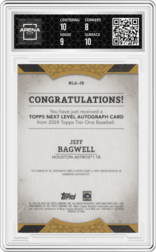 Jeff Bagwell from the 2024 Topps Tier One  set featuring a Purple Foil parallel graded by Arena Club and given an overall grade of 8.5.