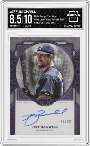Jeff Bagwell from the 2024 Topps Tier One  set featuring a Purple Foil parallel graded by Arena Club and given an overall grade of 8.5.