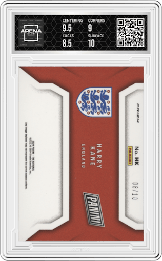 Harry Kane from the 2024 Panini The National VIP set featuring a Silver parallel graded by Arena Club and given an overall grade of 9.