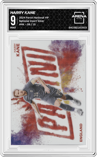 Harry Kane from the 2024 Panini The National VIP set featuring a Silver parallel graded by Arena Club and given an overall grade of 9.