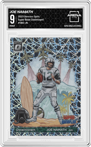Joe Namath from the 2023 Donruss Optic set graded by Arena Club and given an overall grade of 9.