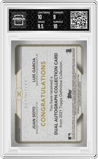 Juan Soto/Luis Garcia from the 2021 Topps Definitive Collection set graded by Arena Club and given an overall grade of 9.5.