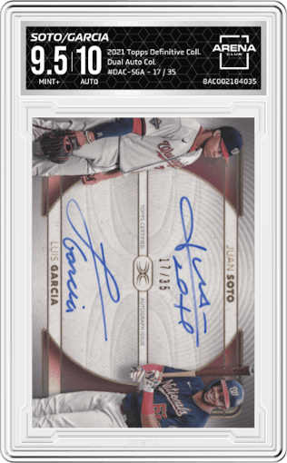 Juan Soto/Luis Garcia from the 2021 Topps Definitive Collection set graded by Arena Club and given an overall grade of 9.5.